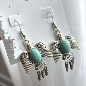 By The Bay Thunderbird fish hook drop earrings, faux turquoise stone,silver tone